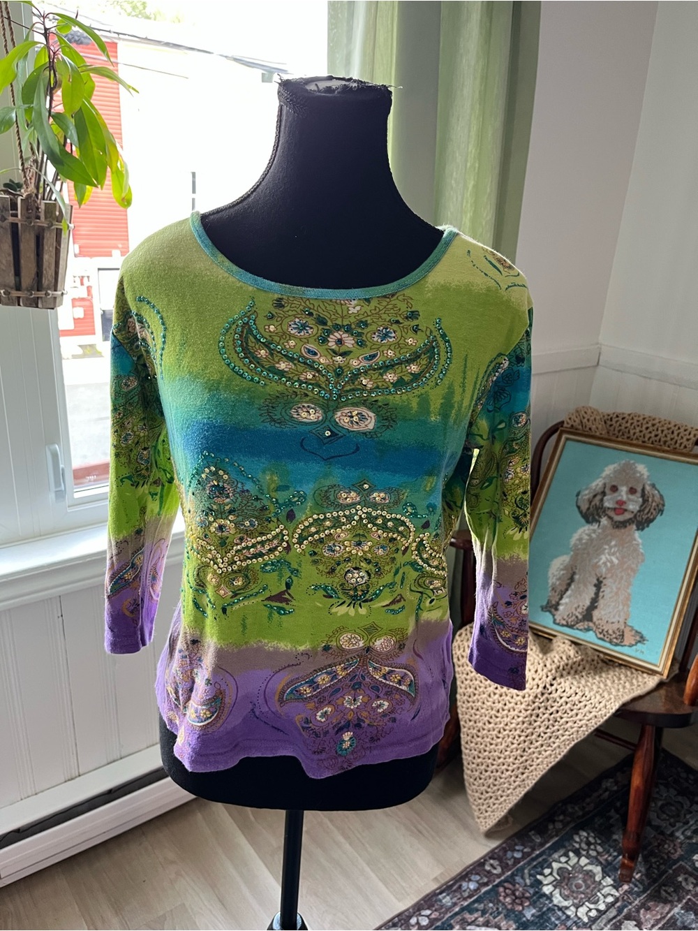 Women’s Y2K Vintage Green Teal Purple Embellished Top Size S